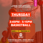 Afterschool sports image of children playing. Text reads Thursday 3.45pm - 5.15pm, ages 6 - 11, Basketball provided by RISE3X3