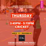 Afterschool sports image of children playing. Text reads Thursday 3.45pm - 5.15pm, ages 8 - 11, Cricket provided by Surrey Cricket Foundation.