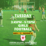Afterschool sports image of children laughing. Text reads Tuesday, 3.45pm - 5.15pm, ages 6 - 1  provided by Girls United FA