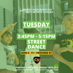 Afterschool sports image of children playing. Text reads Tuesday 3.45pm - 5.15pm, ages 6 - 11, street dance
