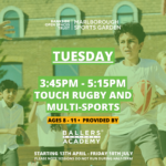 Afterschool sports image of children playing. Text reads Tuesday 3.45pm - 5.15pm, ages 8 - 11, Touch rugby and multi-sports