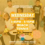 Afterschool sports image of children playing. Text reads Wednesday 3.45pm - 5.15pm, ages 5 - 11, Beach tennis provided by Deuce Beach tennis