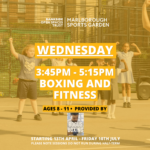 Afterschool sports image of children playing. Text reads Wednesday 3.45pm - 5.15pm, ages 8 - 11, Boxing and Fitness provided by Bogus Boxing