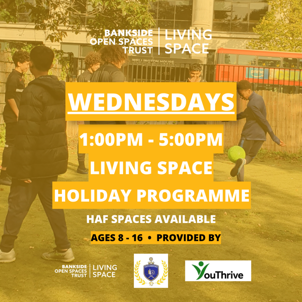 Text reads Wednesdays, 1pm - 5pm, Living Space Holiday Programme. HAF spaces available. Ages 8 - 16, provided by Living Space, South London Kings, YouThrive and Lambeth's Holiday Activities and Food programme.