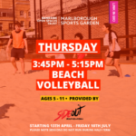 Afterschool sports image of children playing. Text reads Thursday 3.45pm - 5.15pm, ages 5 - 11, Beach Volleyball provided by SideOut
