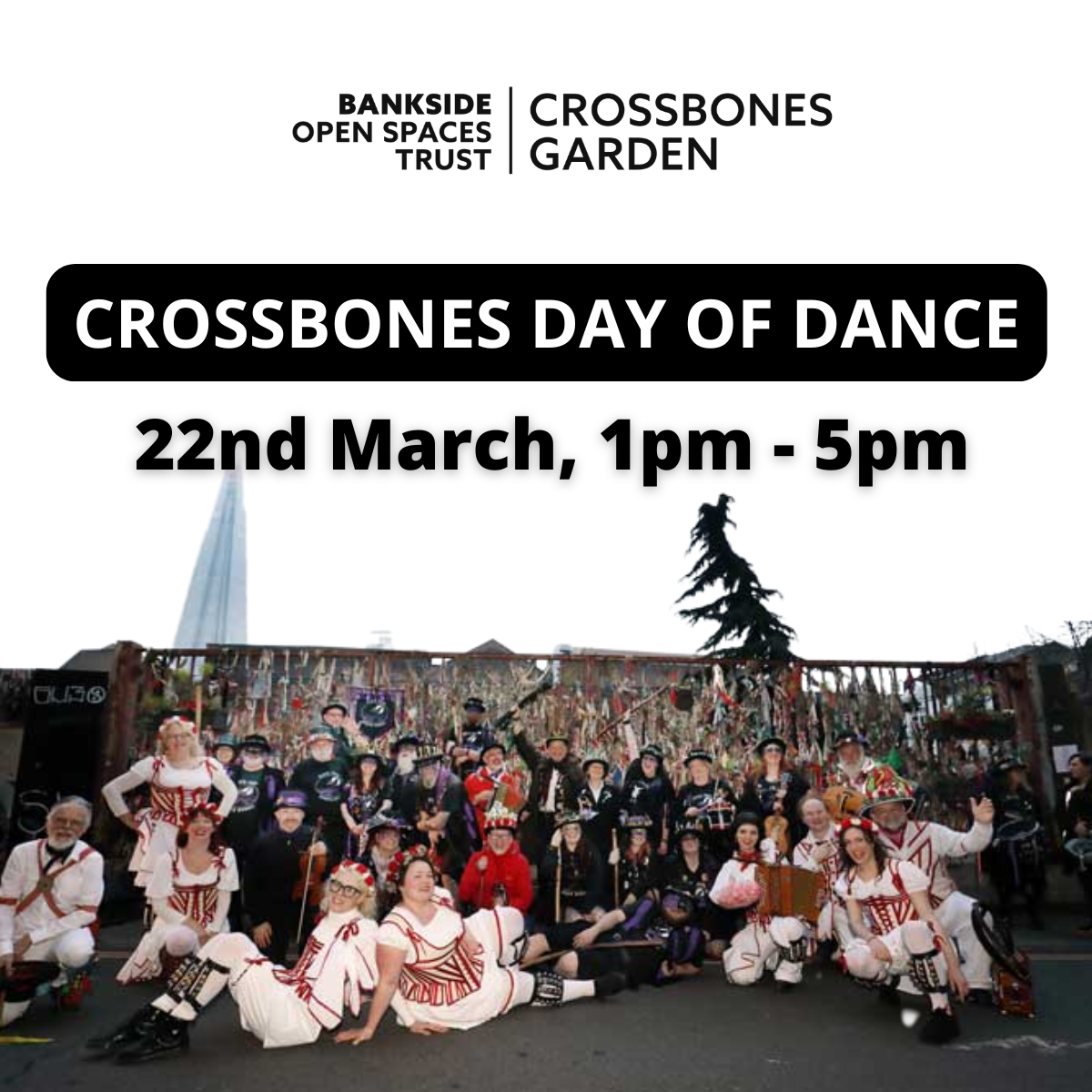 image advertsiing the Crossbones day of dance. There are Morris dancers posing for the picture, and the text reads: Crossbones Day of Dance, 22nd March 2026, 1pm - 5pm