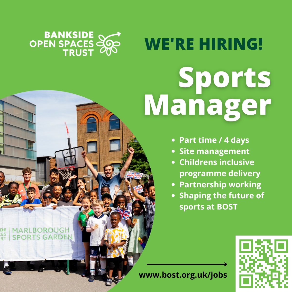 We're hiring Sports Manager. Image of coach and children holding the Marlborough Sports Garden advert
