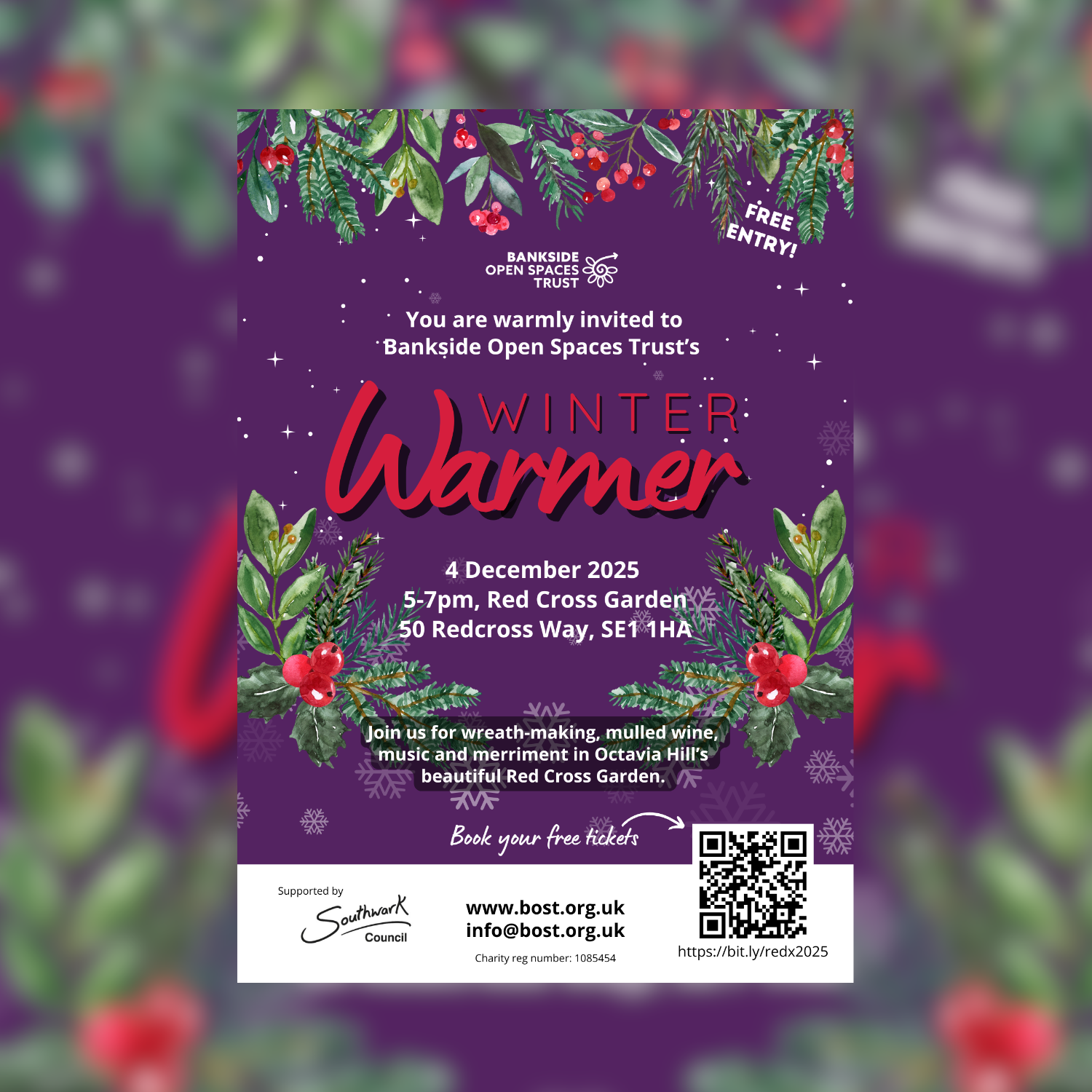 Poster advertising the Winter Warmer, 4 December 20205, 5pm-7pm at the Red Cross Garden.