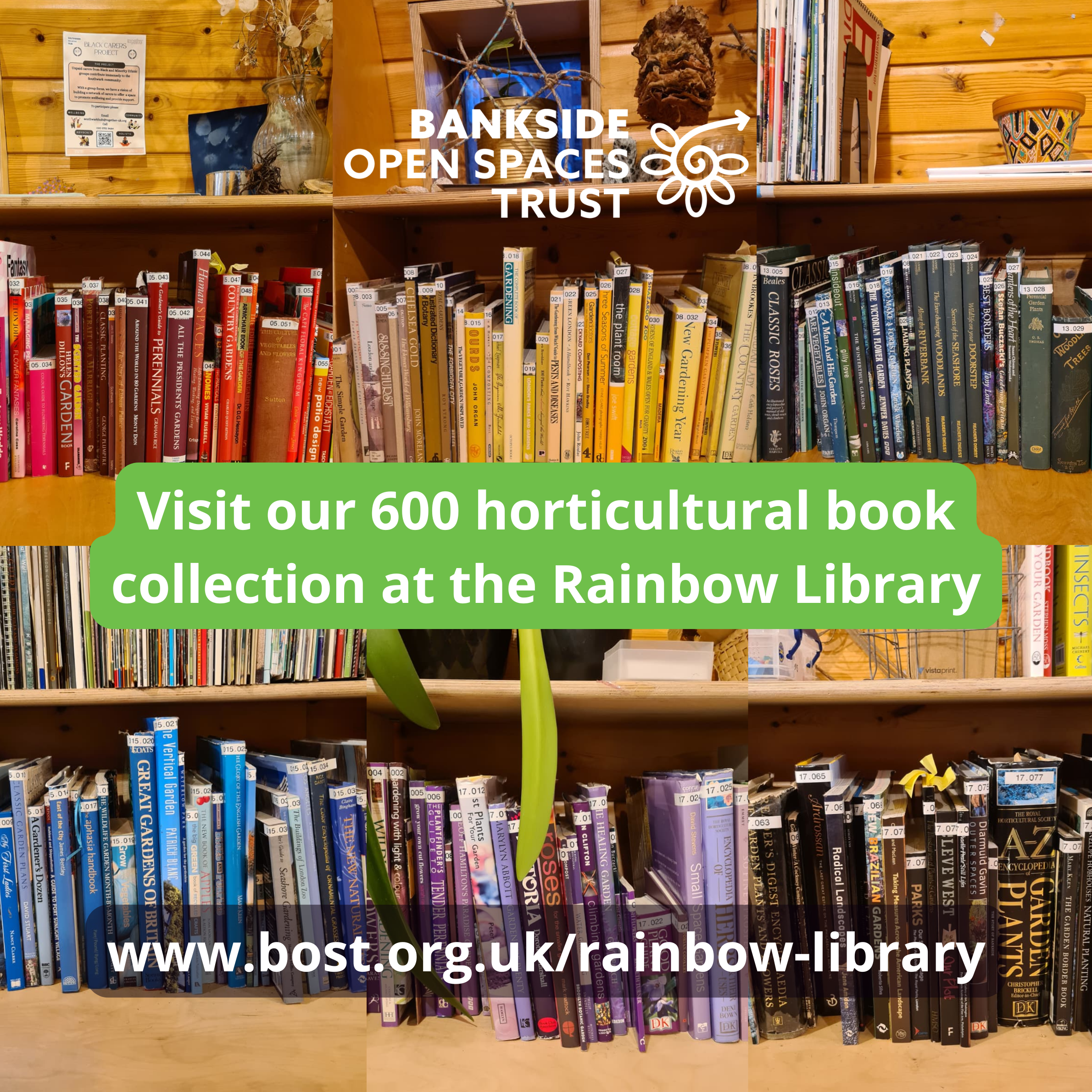 Image of colour sorted library books. Text banner reads visit our 600 horticulture book collection at the Rainbow Library