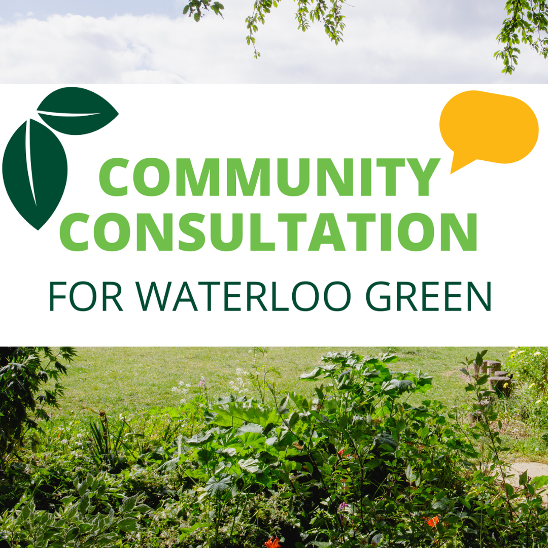 Promotional graphic for a community consultation event regarding Waterloo Green. The design features green leaves, a yellow speech bubble, and the text 'Community Consultation for Waterloo Green' over a background of grass and plants.